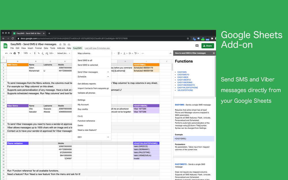 EasySMS Add-on for Google Sheets